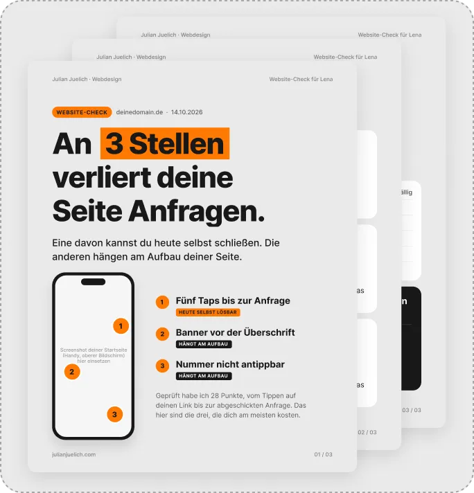 Beispiel eines Website-Checks: drei Seiten mit den Stellen, an denen eine Website Anfragen verliert