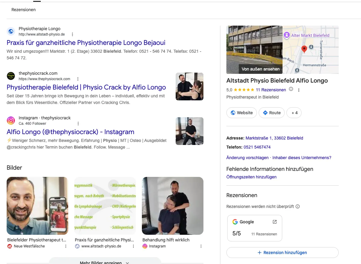 Ein Google-Suchergebnis für eine Praxis, rechts daneben das Unternehmensprofil
