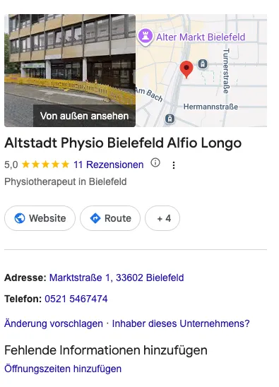 Das Unternehmensprofil aus der Nähe, mit Name, Adresse und Öffnungszeiten