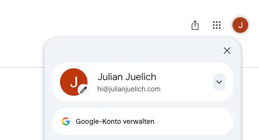Das Google-Kontomenü oben rechts mit Name und E-Mail-Adresse