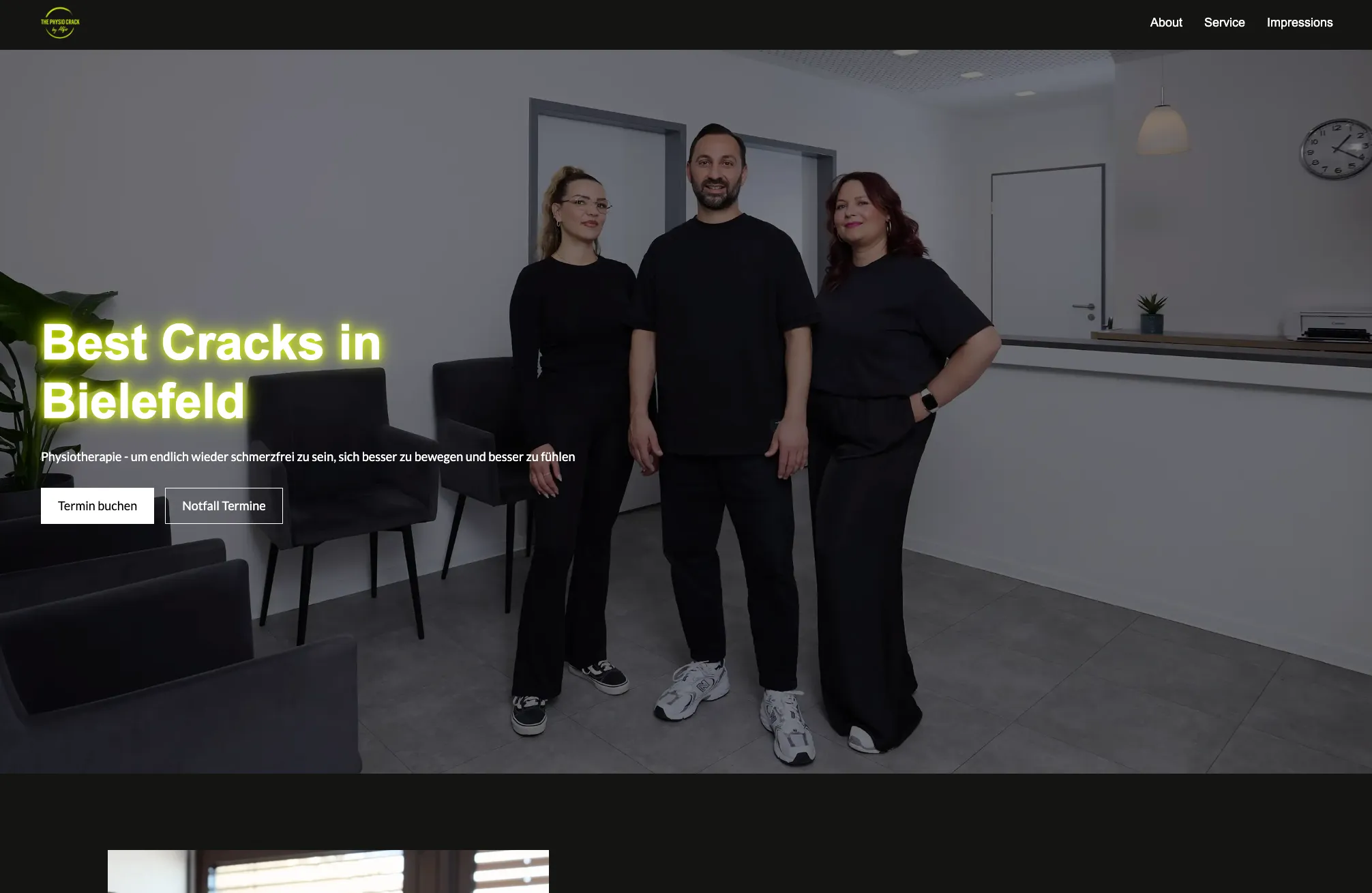 Startseite von thephysiocrack.com mit der Schlagzeile Best Cracks in Bielefeld