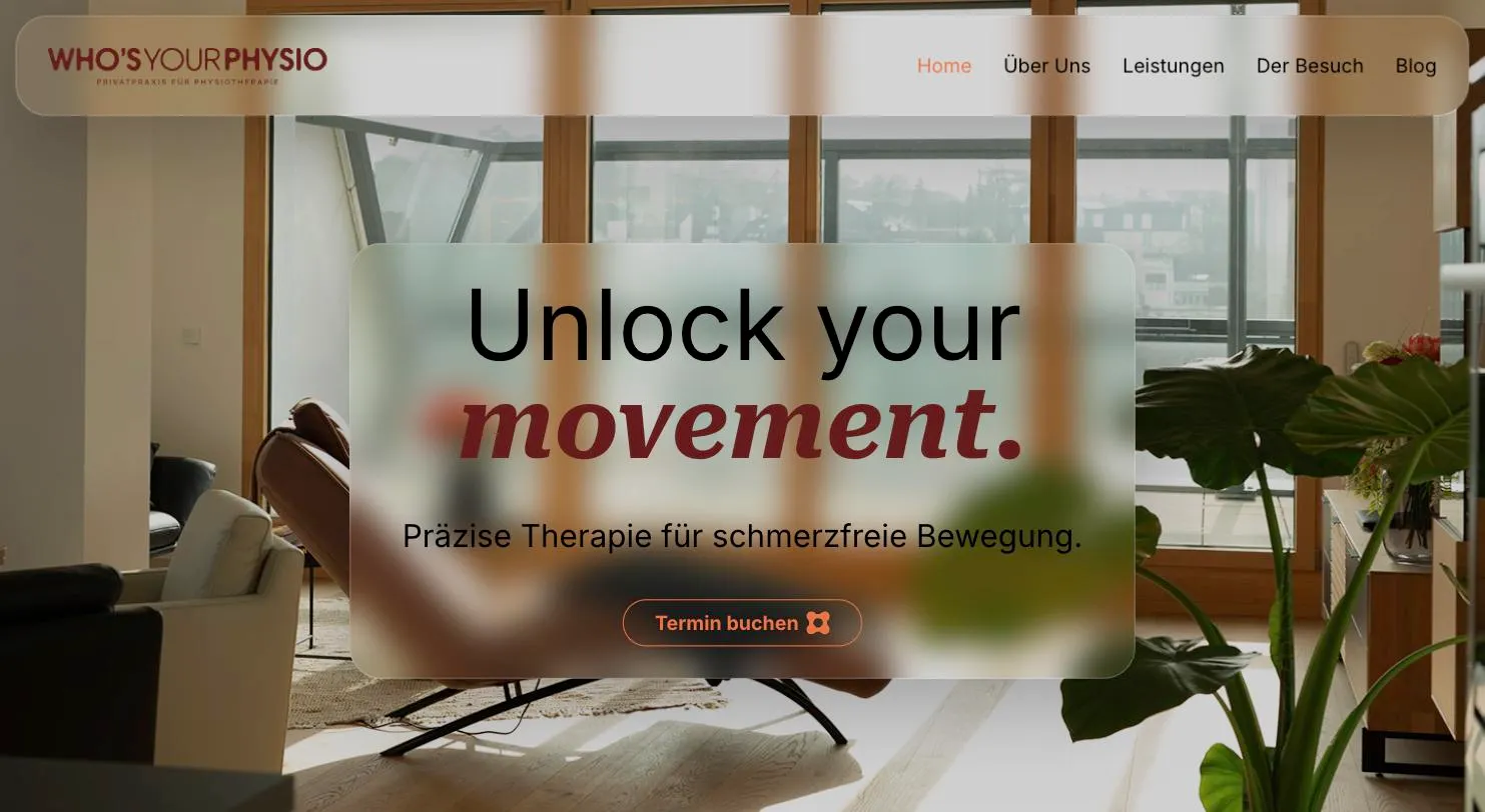 Startseite von whosurphysio.com mit dem Showreel aus der Praxis