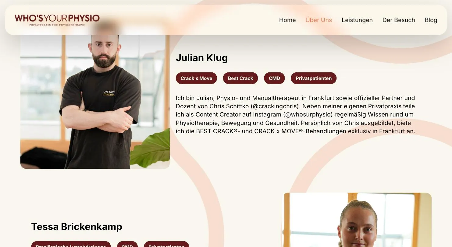 Team-Seite von whosurphysio.com mit Foto und Text zu jedem Therapeuten